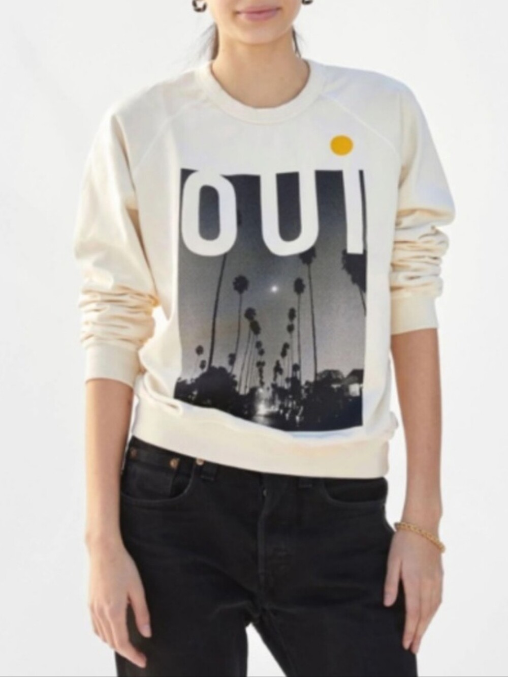 Clare V Cream Graphic 'OUI' Crewneck Sweatshirt Size XS